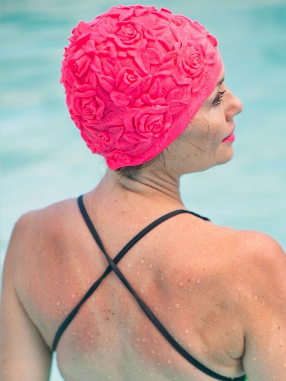Vintage Floral Rose Swim Cap - Hot Pink